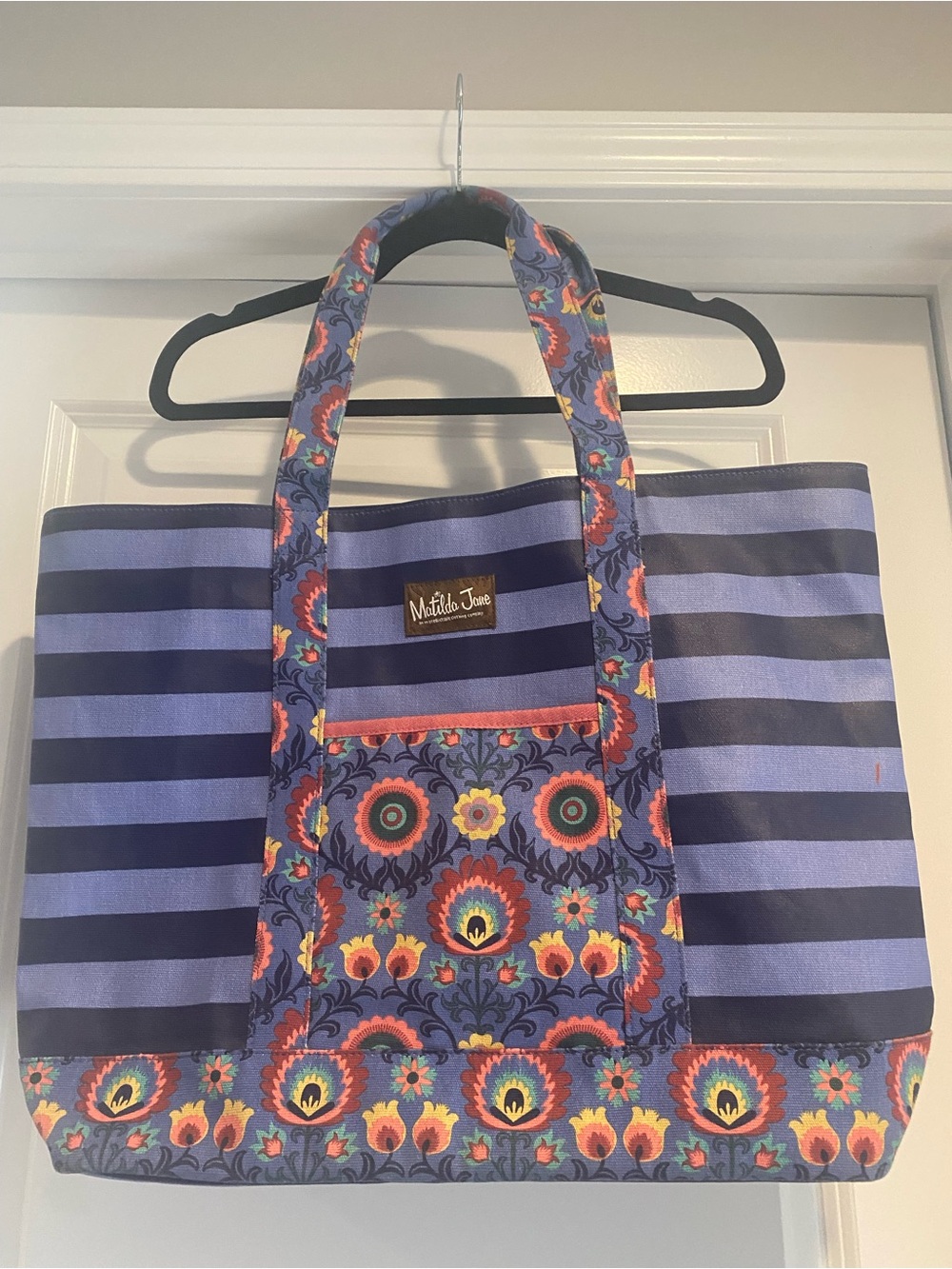 Matilda Jane Navy & Light Blue Striped Tote with Floral Trim